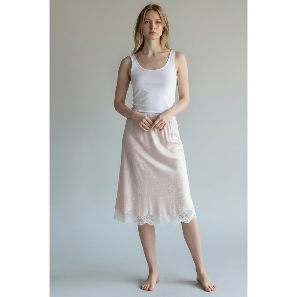 Vintage Christian Dior Pink Cotton Floral Lace Hem Midi Half Slip Skirt size M